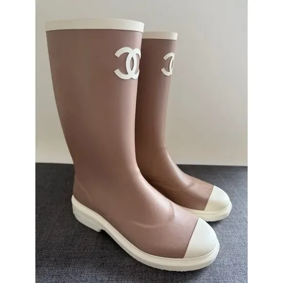 Chanel 26C Beige White Caoutchouc CC Logo High Pull On Rubber Rain Boots 36 - Picture 10 of 16